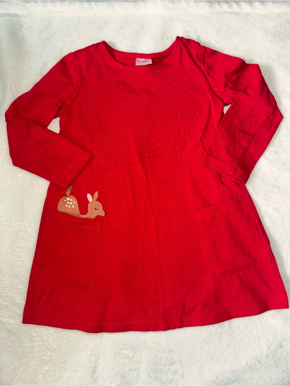 Hanna Andersson Red Long-Sleeve Pocket Dress with Deer Applique